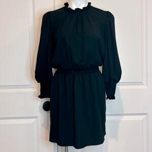 Amanda Uprichard Black Ruffle Neck Long Sleeve Smock Waist Cuff Mini Dress S